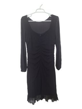 Black Long-Sleeve Ruched Midi Dress